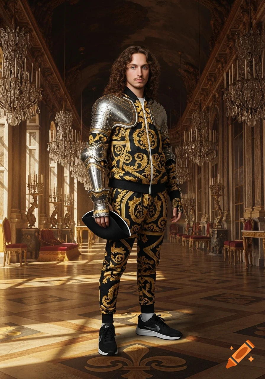 A man with long curly hair in a black and gold patterned tracksuit with silver armor stands in a grand, opulent palace hall.