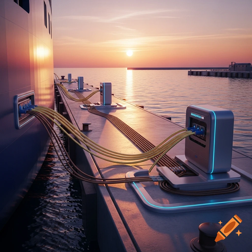Shore power system connects a large boat to a dock with glowing cables at sunset, over calm water.