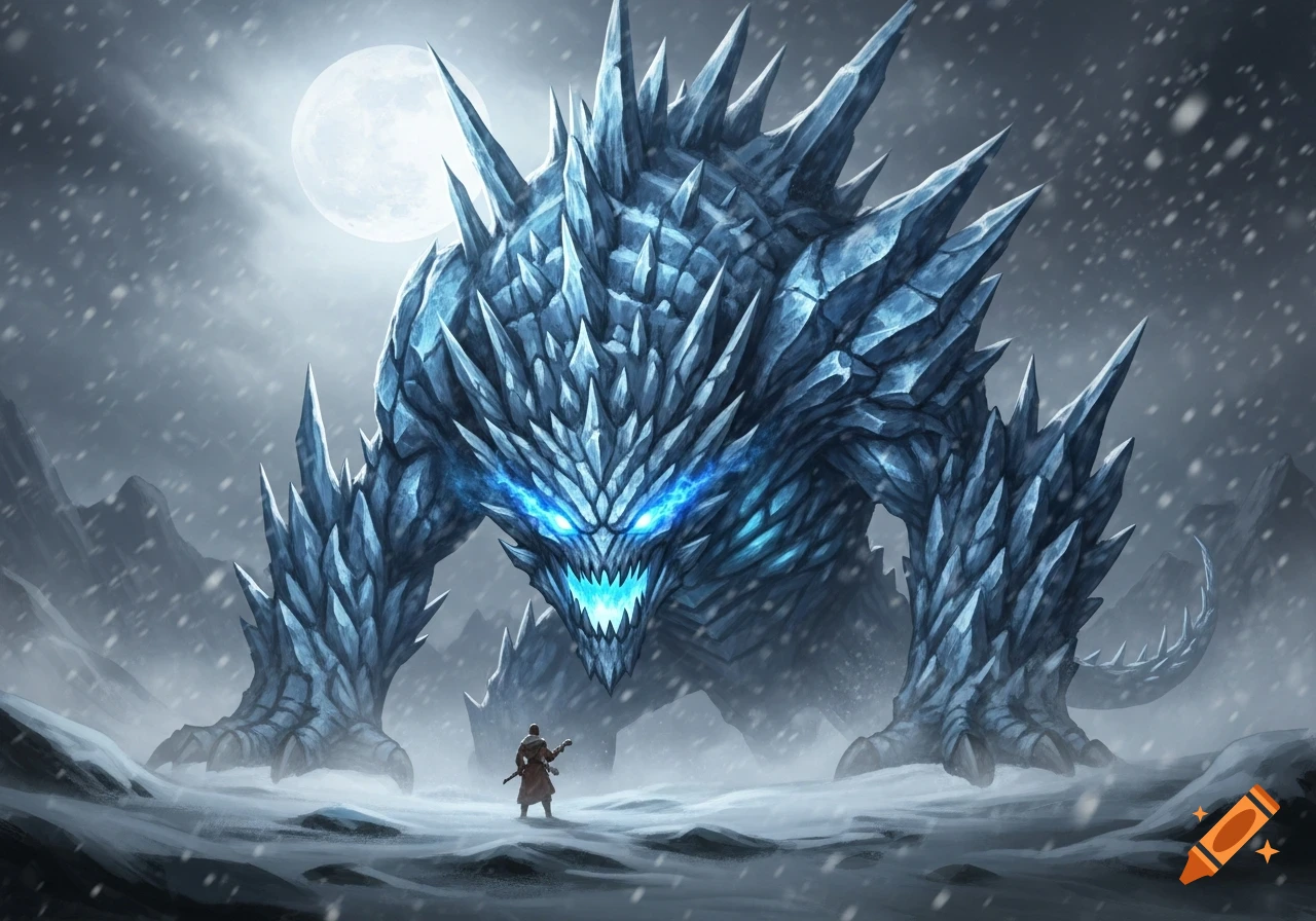A colossal ice monster with glowing blue eyes confronts a small figure in a snowy, moonlit fantasy landscape.