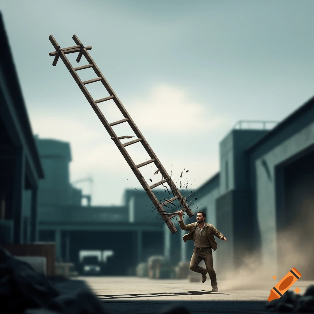 A man in an urban setting runs away as a wooden ladder breaks and falls towards him, scattering debris.