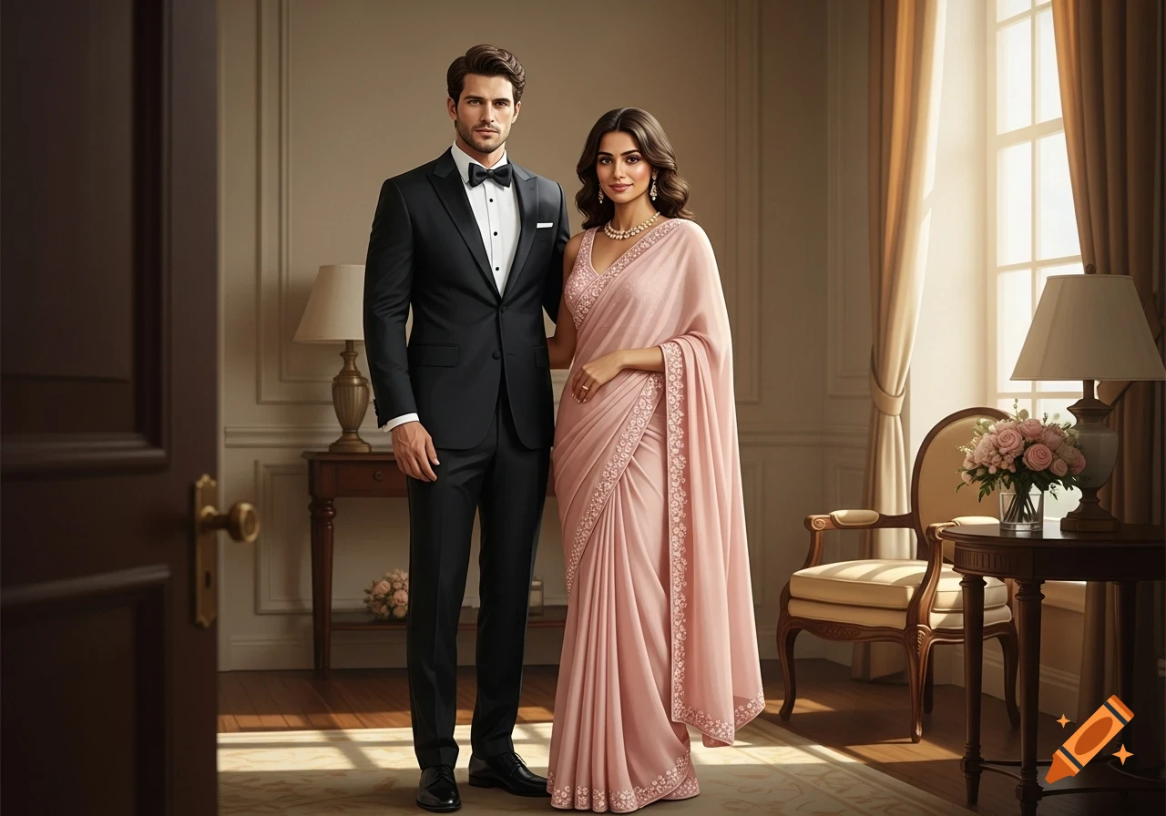 Elegant man in a black tuxedo and Indian woman in a pink embroidered saree pose in a well-lit room, photorealistic style.