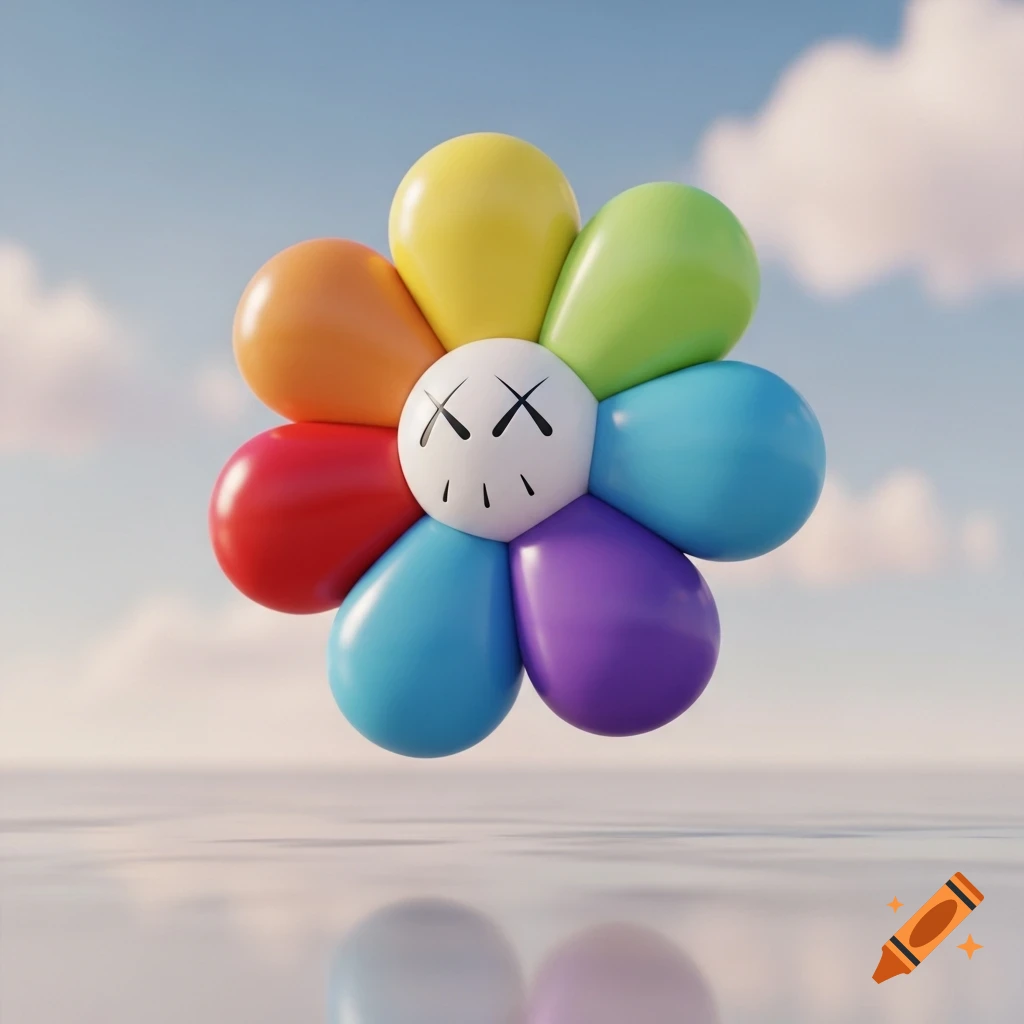 A 3D rendered KAWS-style flower made of colorful balloons, with 'XX' eyes, floating above a reflective surface under a blue sky.