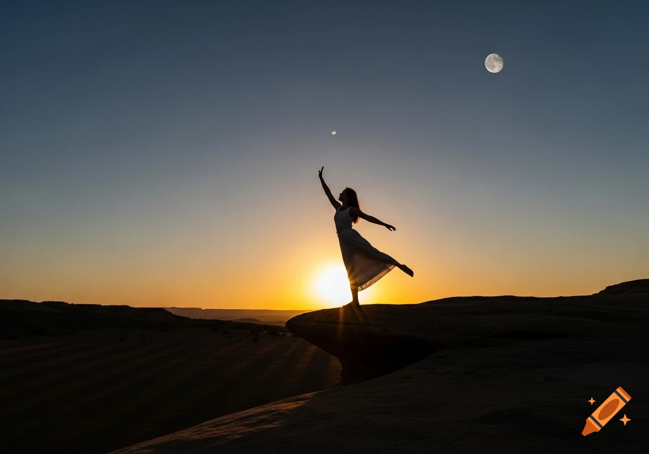 A silhouette of a woman in a dress standing on a cliff reaching up towards the setting sun and a full moon in the twilight sky, with desert hills in the background.