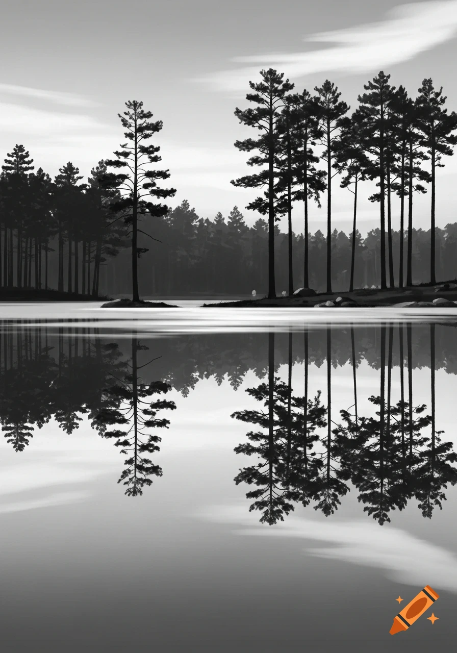 Tall pine trees reflected in a calm lake in a serene black and white landscape.