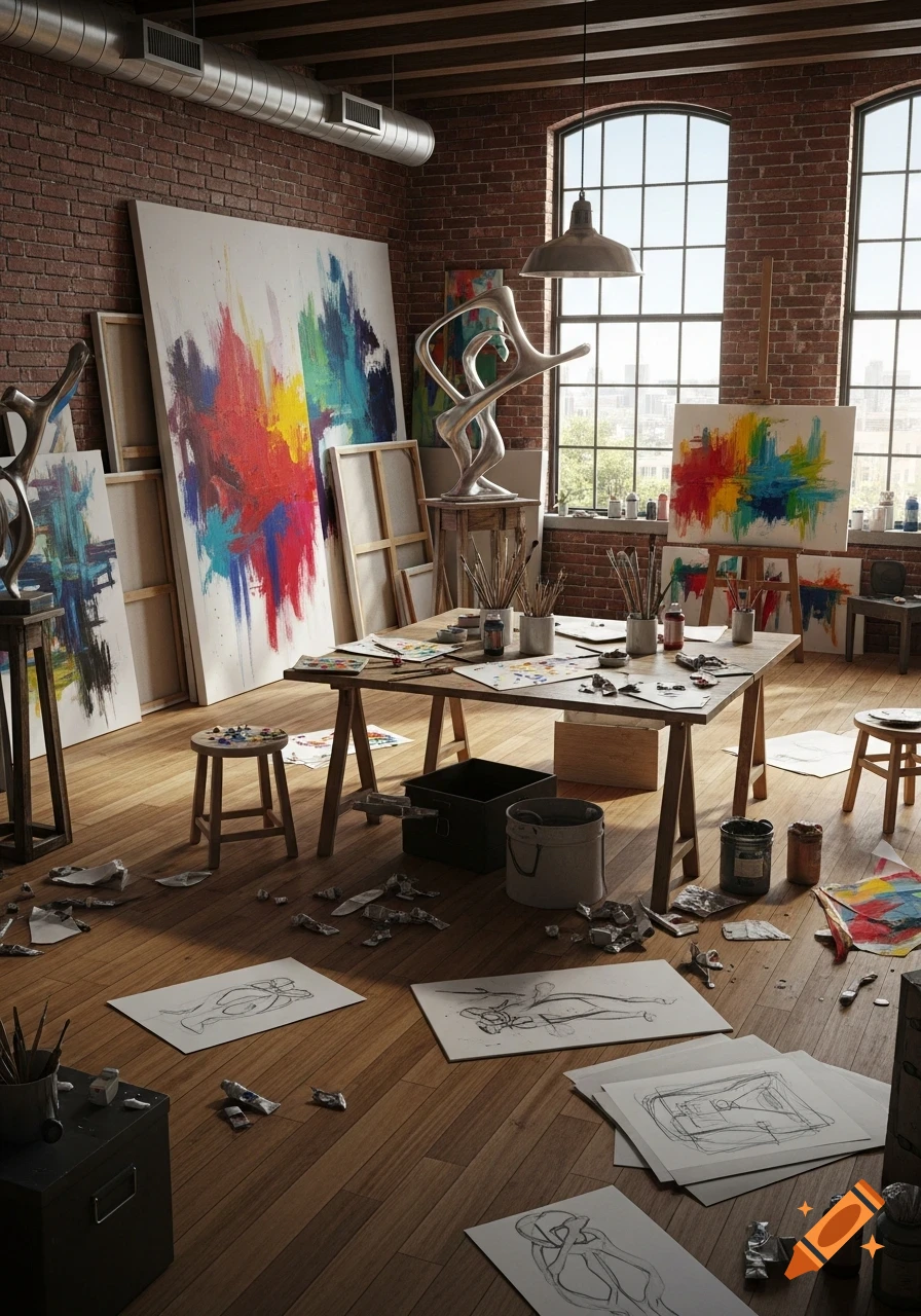 Photorealistic artist's studio with brick walls, large windows, wooden floor, abstract paintings, sculptures, and art supplies.