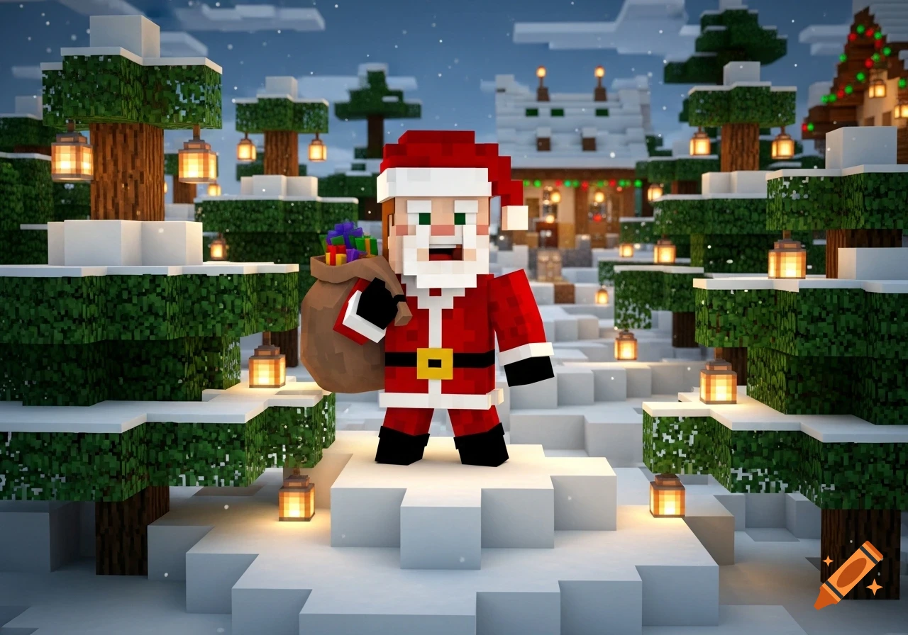 Minecraft Santa Claus standing in a snowy, festive landscape with decorated trees and houses.