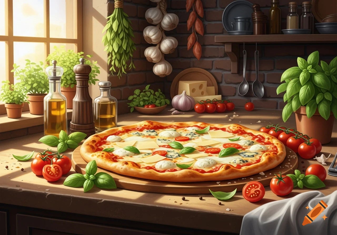 Freshly made four-cheese pizza with basil and tomatoes on a wooden board, surrounded by ingredients on a sunlit kitchen counter.
