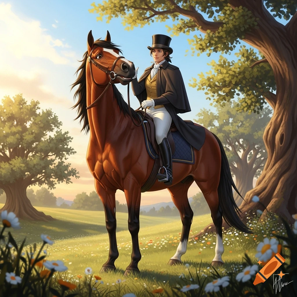 An elegant person in a top hat and riding attire on a brown horse in a vibrant, flowery field at sunset, in a fantasy art style.
