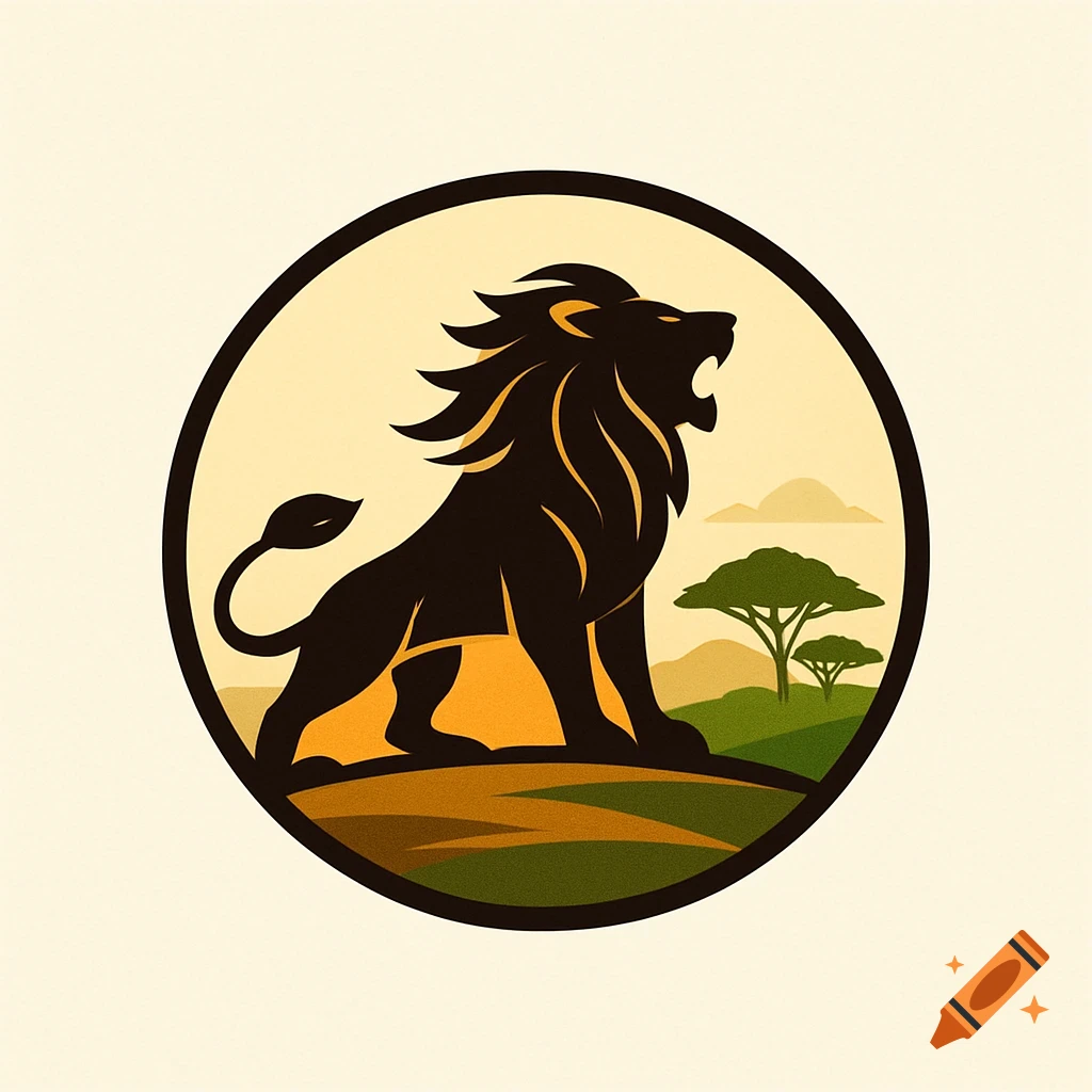 Stylized dark silhouette of a roaring lion standing on a green hill with acacia trees, set against a golden sky in a circular safari logo.
