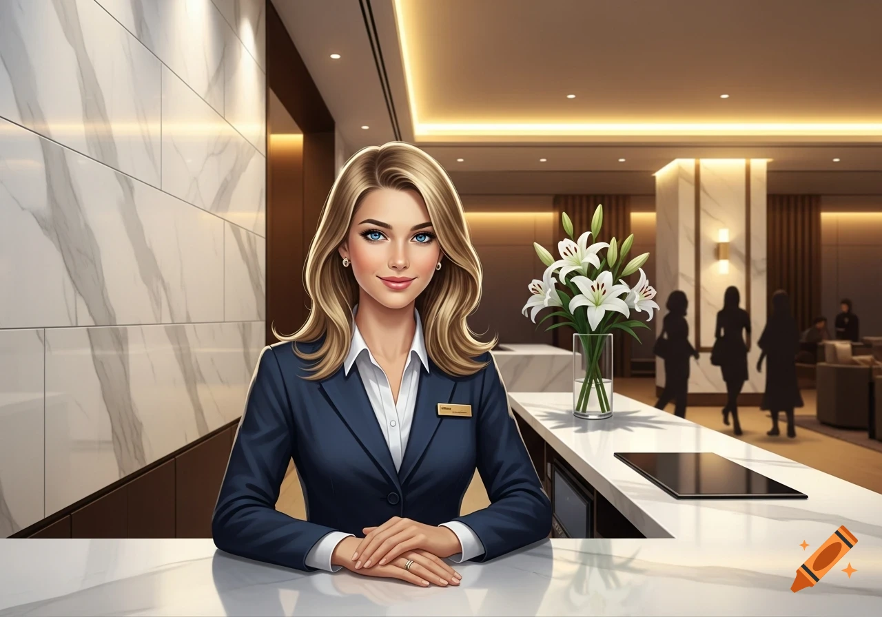 Blonde woman with blue eyes at a hotel reception desk with a vase of lilies.