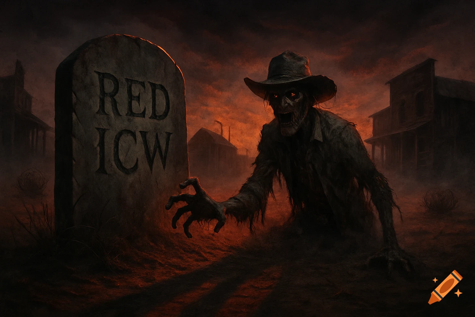 A zombie cowboy with glowing red eyes emerges from the ground next to a tombstone in a fiery, dark western landscape.