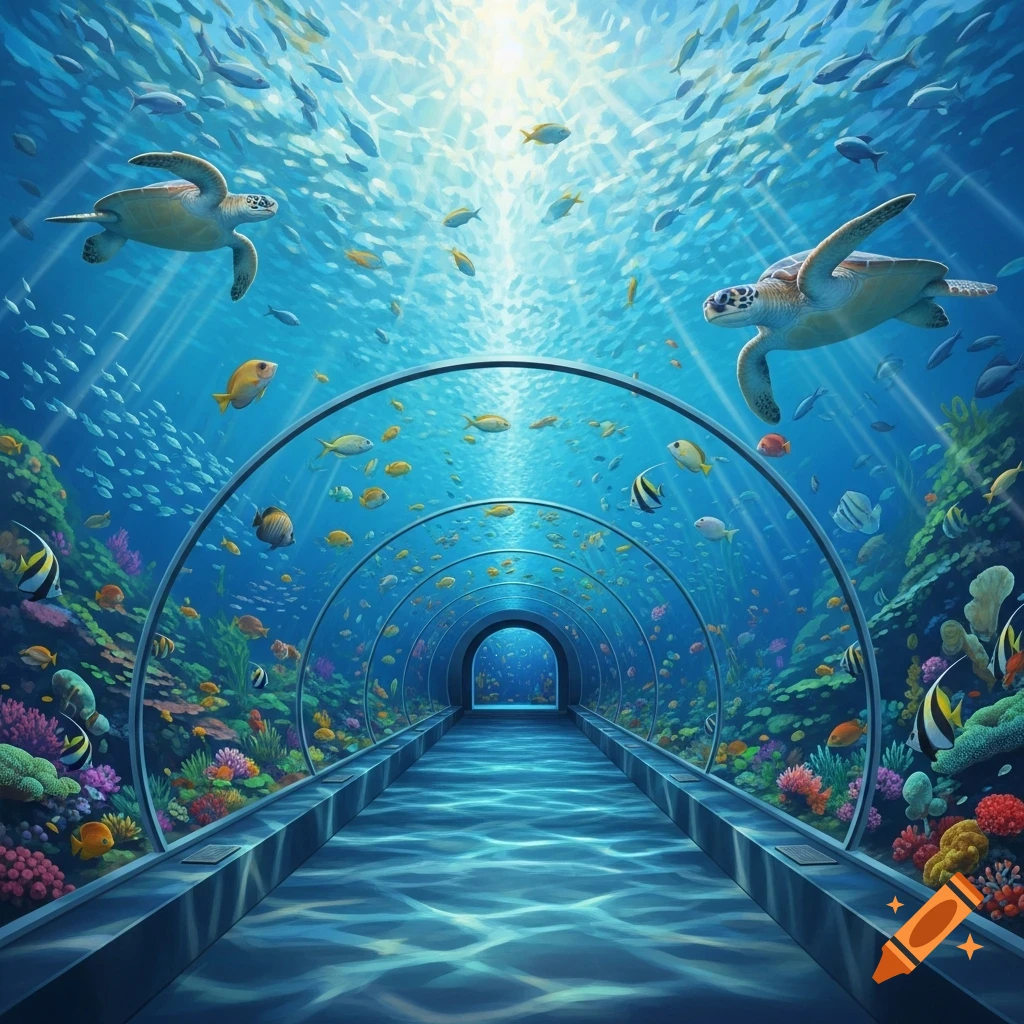 An underwater aquarium tunnel with two large sea turtles swimming above, surrounded by schools of fish and vibrant coral reefs.