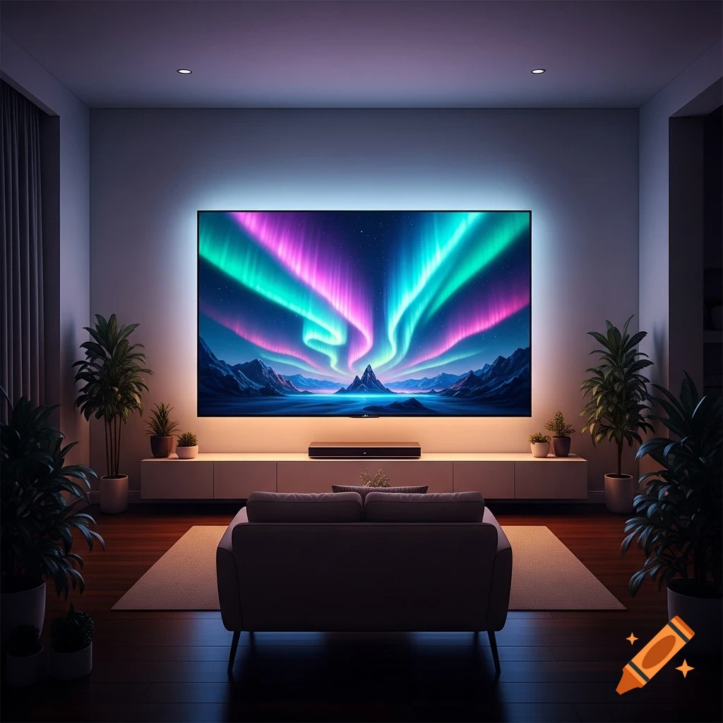 A modern living room with a large television displaying a vibrant aurora borealis, a sofa, and potted plants.