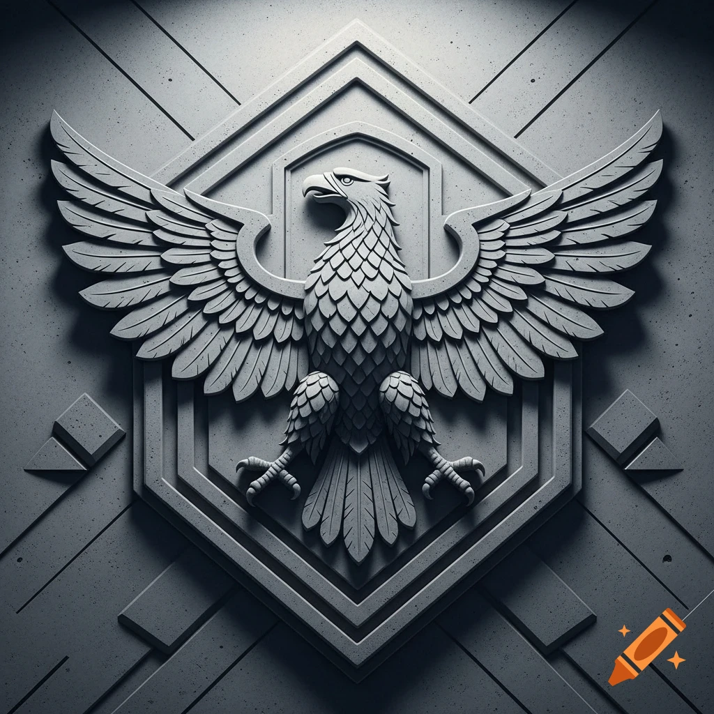 A detailed concrete relief sculpture of an eagle with spread wings, centered on a textured hexagonal emblem.