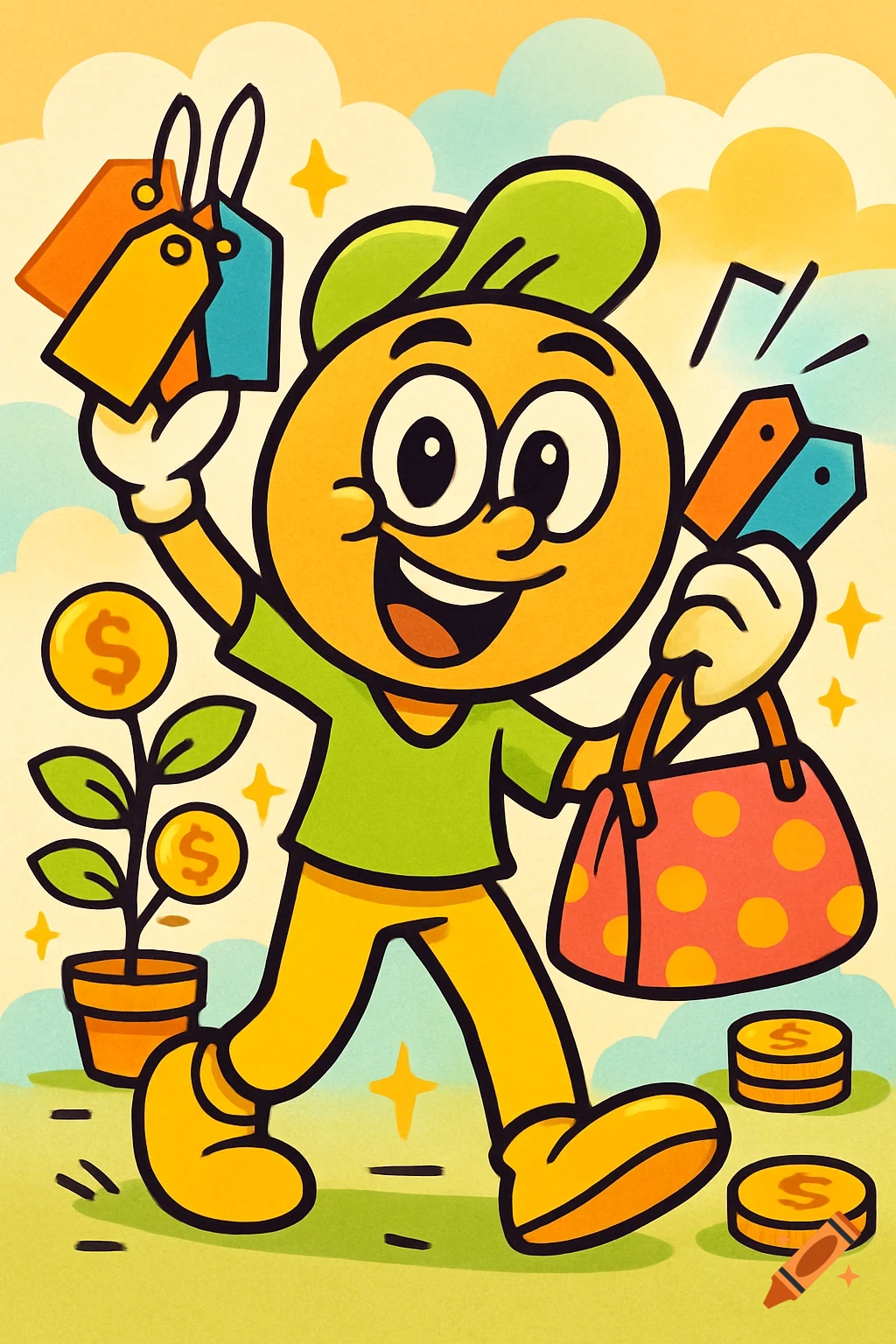 A cheerful cartoon mascot holding a pink polka-dotted purse and price tags, with money plants and coins, in a sunny, stylized scene.