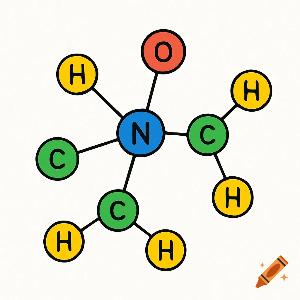 A colorful, simple diagram of a molecule with a central nitrogen atom bonded to oxygen, two carbon, and several hydrogen atoms.