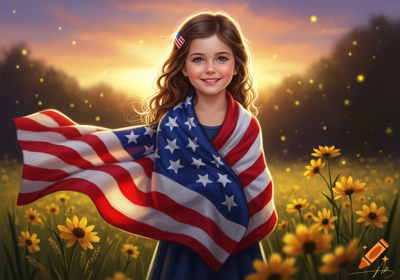 A smiling young girl wrapped in an American flag, standing in a golden field of flowers at sunset, in a digital art style.
