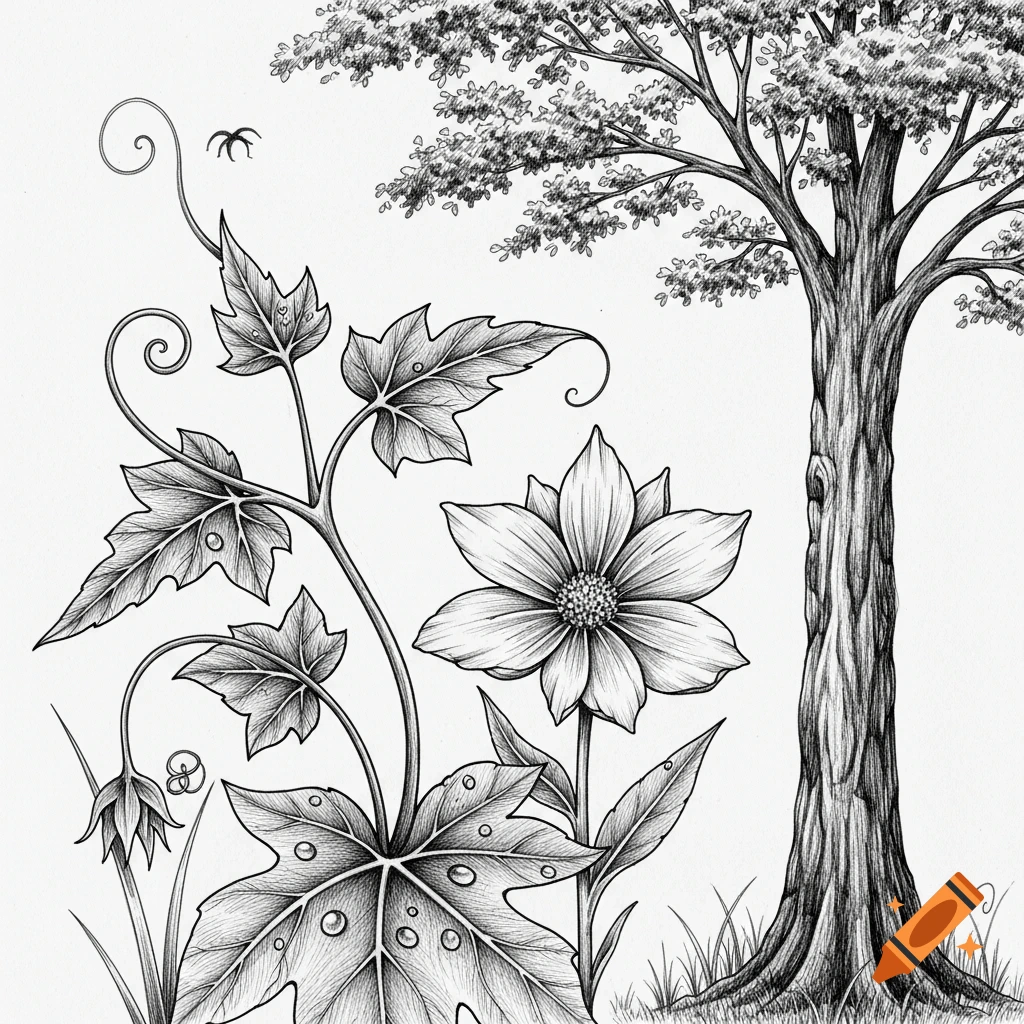 Detailed black and white sketch of a tree, flowering plant, and vine with dewdrops.