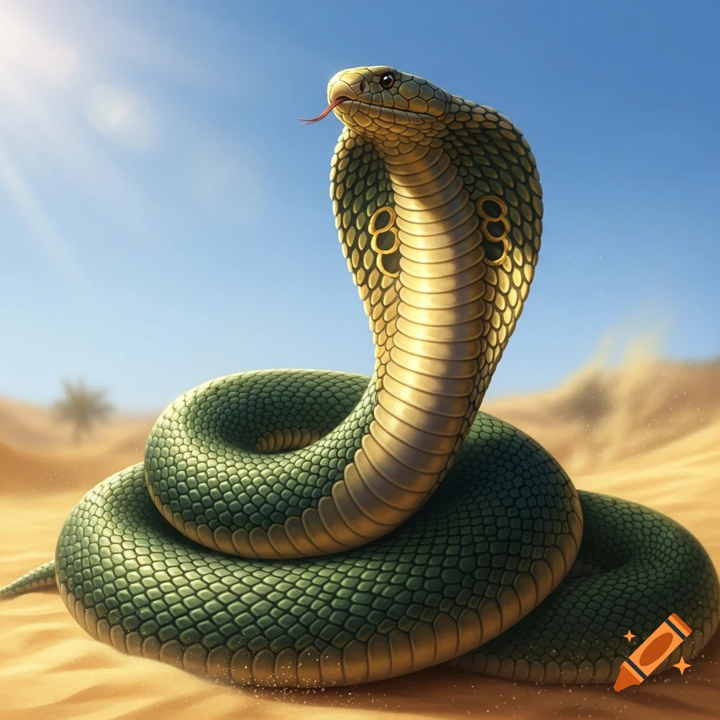 A vibrant green and gold cobra with its hood spread, poised in a sunny desert with sand dunes.