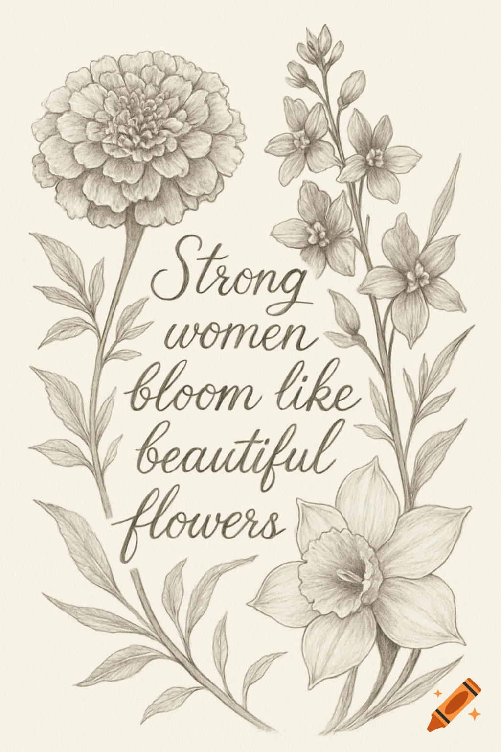 Pencil drawing of various flowers framing the quote 'Strong women bloom like beautiful flowers' on a light background.