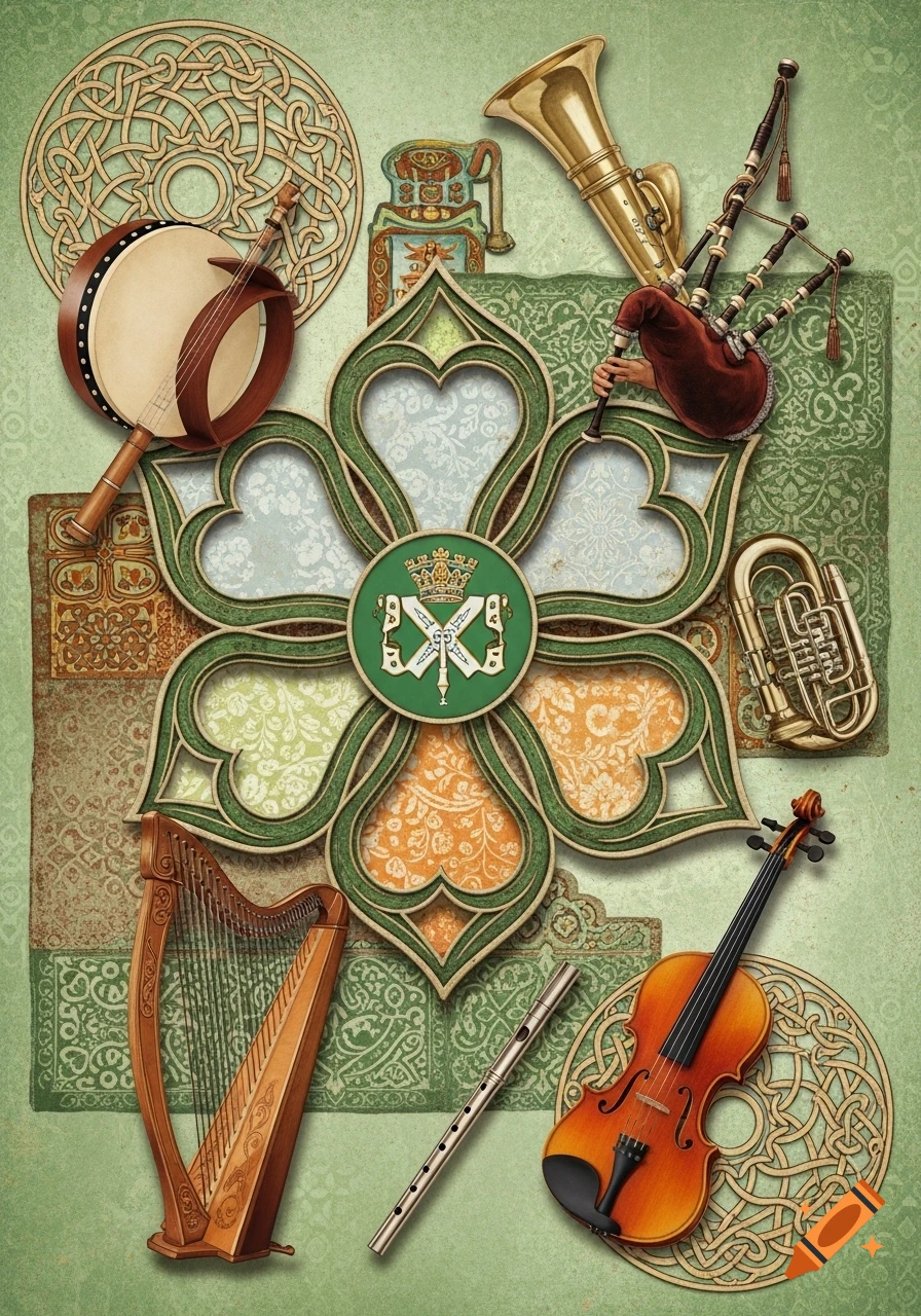 A green-hued, scrapbooking-style illustration featuring Irish musical instruments like a bodhrán, bagpipes, harp, flute, and violin, arranged around a central Celtic rosette and knotwork patterns.