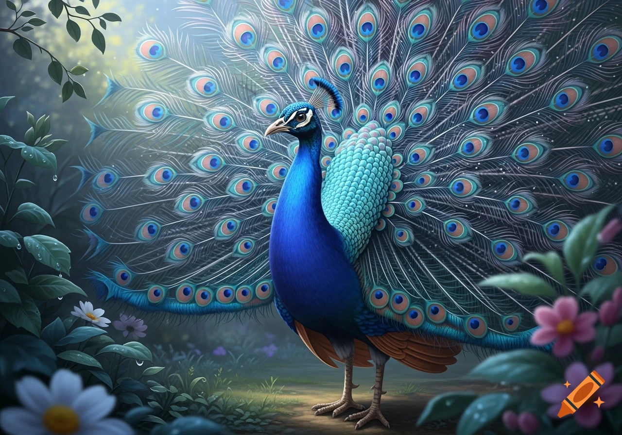 A detailed, vibrant blue peacock with its tail fanned, standing in a lush, cool-toned forest.