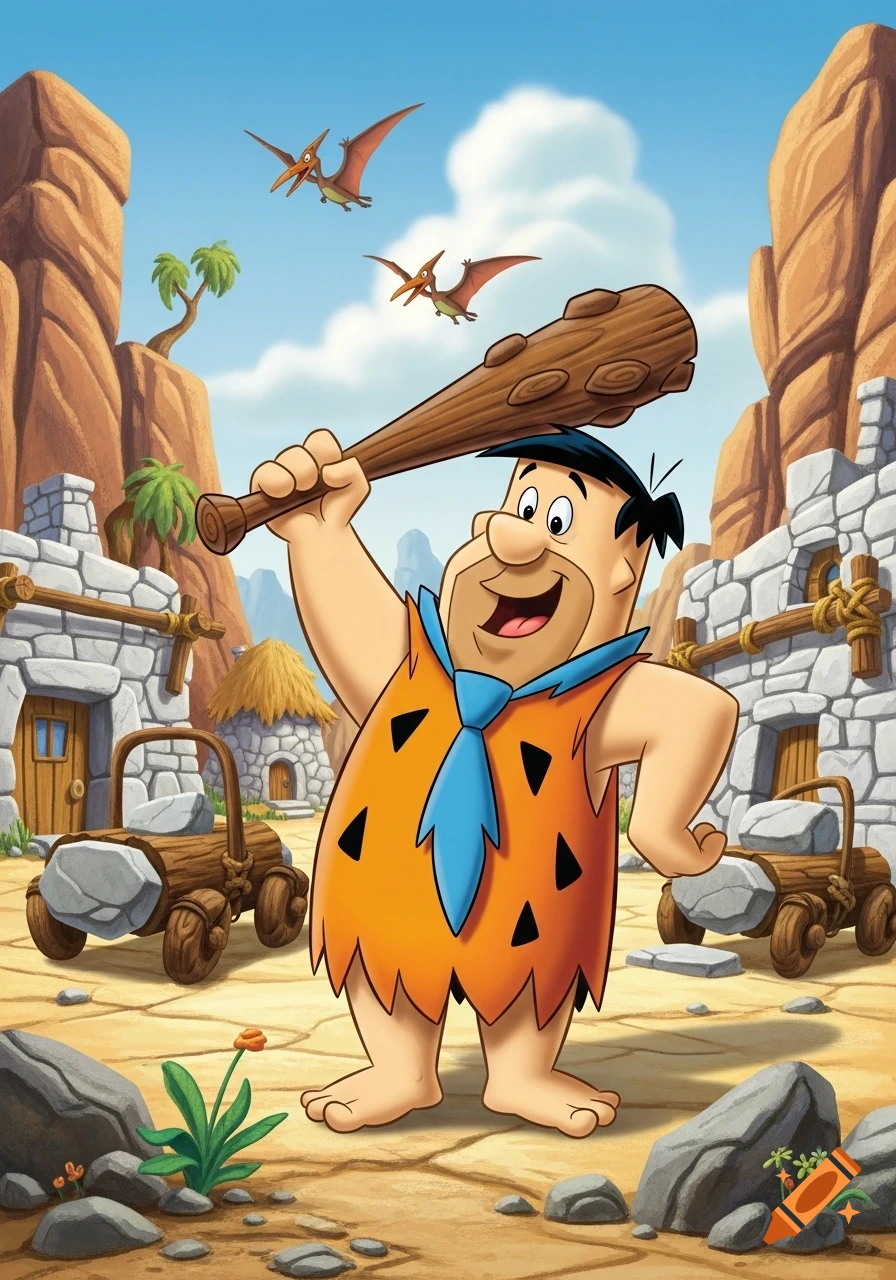 Fred Flintstone holds a club overhead, grinning in a prehistoric village with stone buildings and flying pterodactyls under a blue sky.