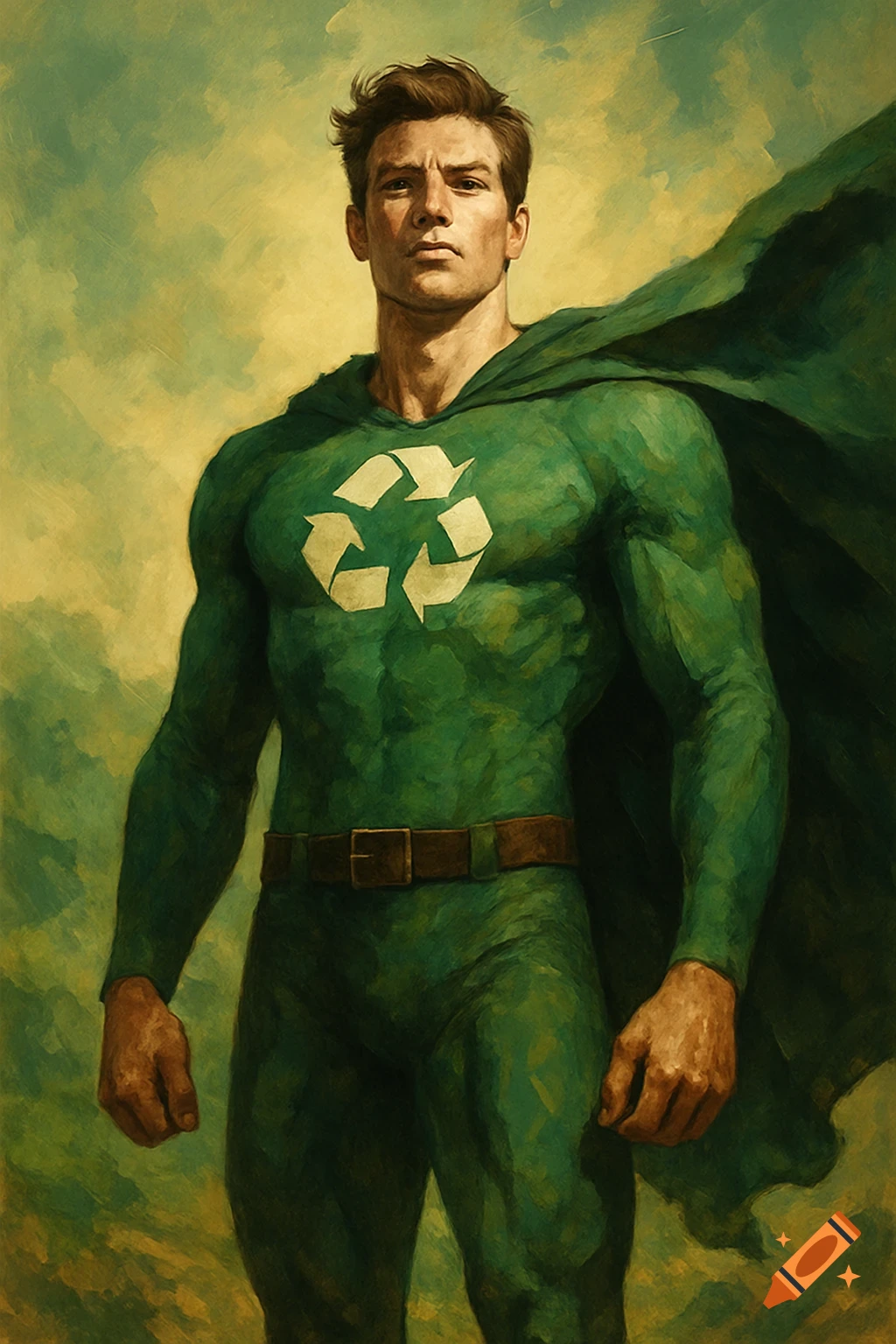 Painterly portrait of a brown-haired male superhero in a green suit with a recycling logo on the chest and a dark green cape.