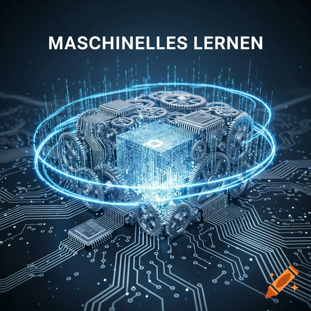 Digital illustration of a glowing data cube within mechanical gears and circuit board, with 'MASCHINELLES LERNEN' text.