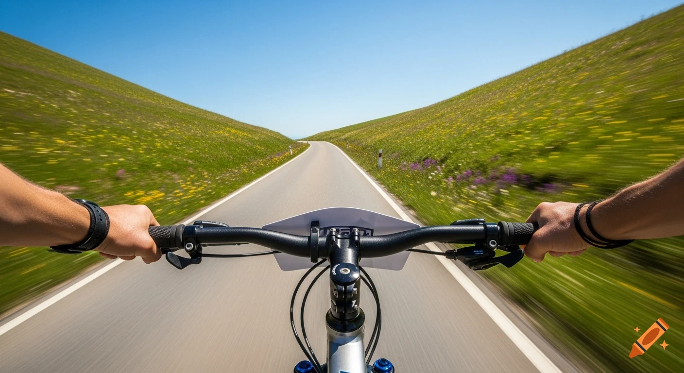 First-person view of hands on bike handlebars, riding fast downhill on a road through green, flower-filled hills under a blue sky.