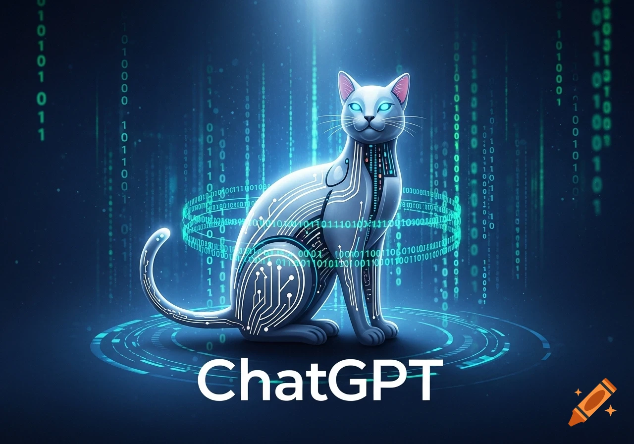 A stylized cybernetic cat with glowing blue eyes and circuit patterns sits against a blue background with falling binary code, with 'ChatGPT' written below.
