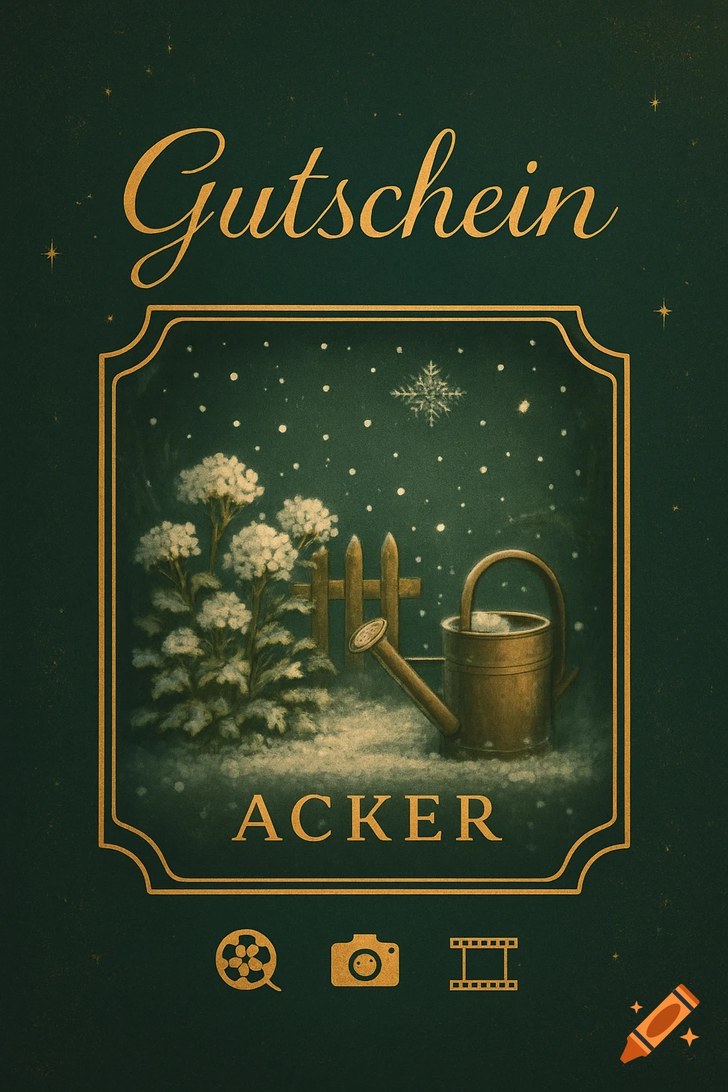 A festive dark green and gold voucher card with 'Gutschein Acker' text, featuring a snowy garden scene with flowers and a watering can, along with film-related icons.