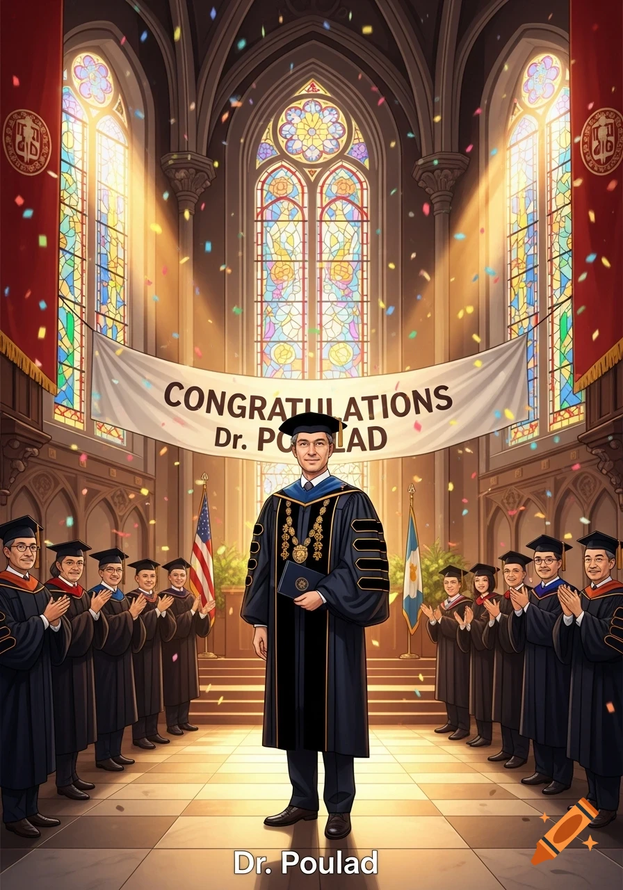A man in academic regalia stands in a church-like hall, holding a diploma, while others clap. A banner reads "CONGRATULATIONS Dr. POULAD".