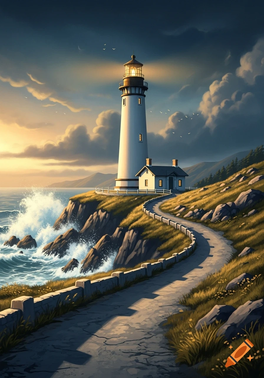 A vibrant illustration of a white lighthouse and a small house on a cliff overlooking a wavy ocean at sunset, with a winding road.