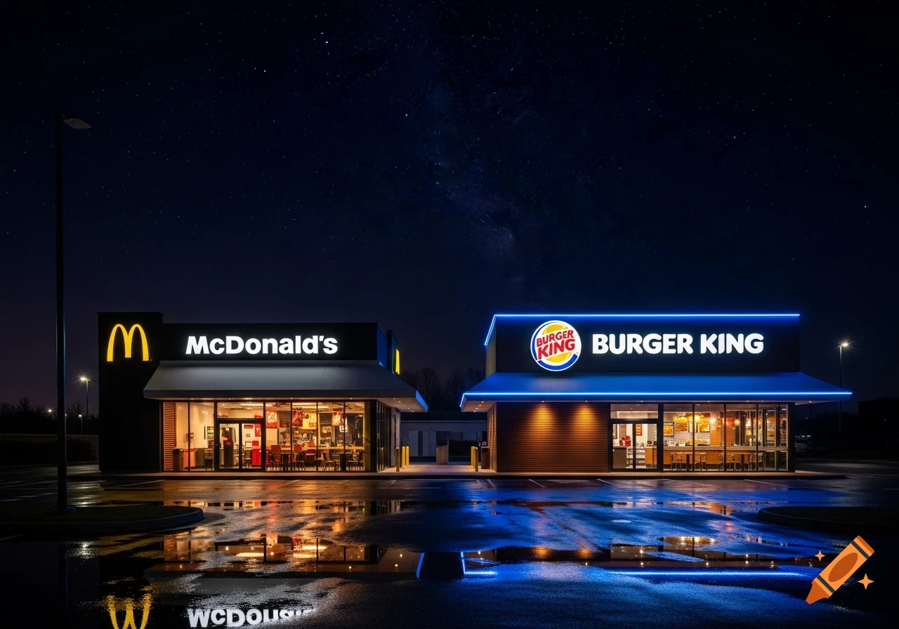 Photorealistic image of a McDonald's restaurant next to a Burger King, both brightly lit at night with reflections on a wet ground.