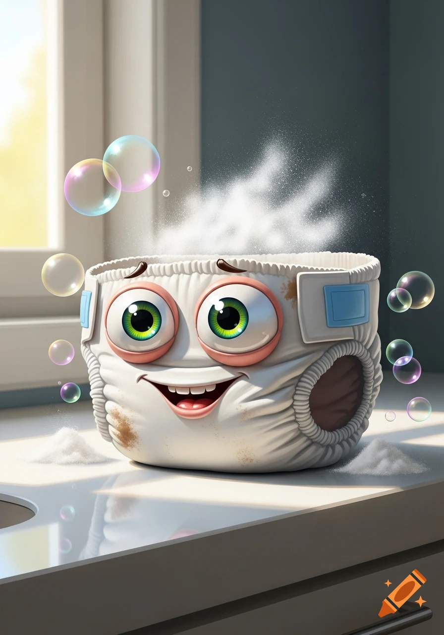 A whimsical cartoon dirty diaper with big green eyes and a wide smile, surrounded by soap bubbles and suds on a counter.