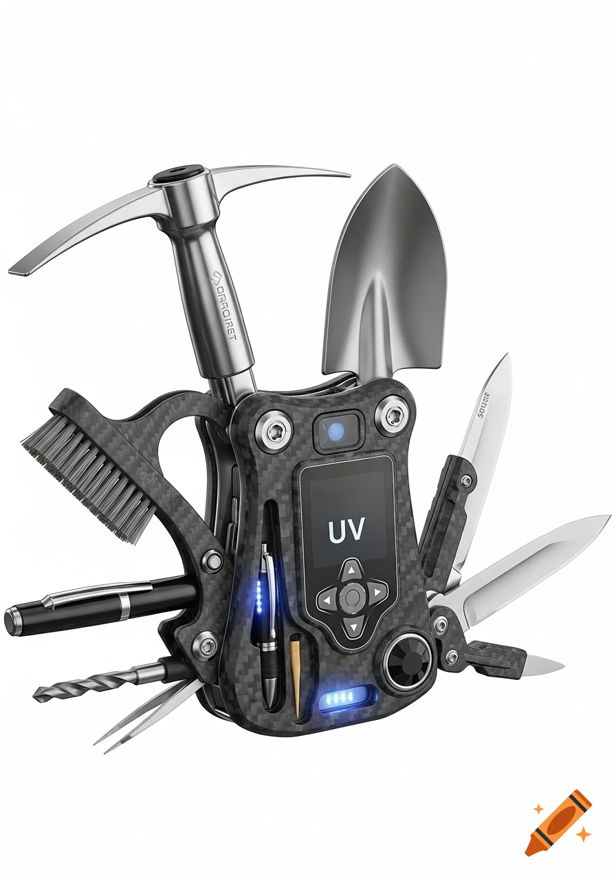 A detailed, photorealistic carbon fiber multitool with a pickaxe, shovel, knives, brush, screen displaying 'UV', pen, drill, and tweezers.