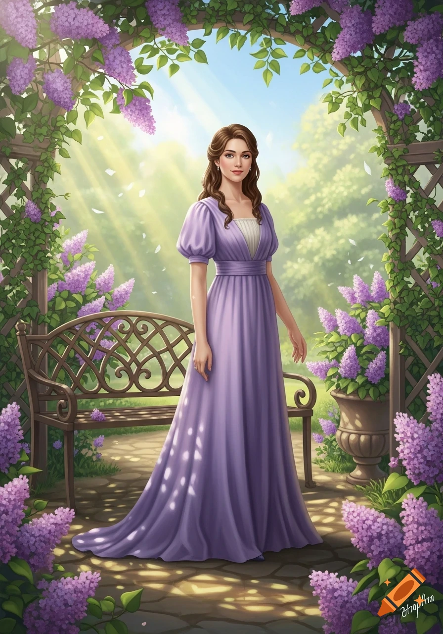 A woman in a long lavender dress stands smiling in a sunny garden under ...