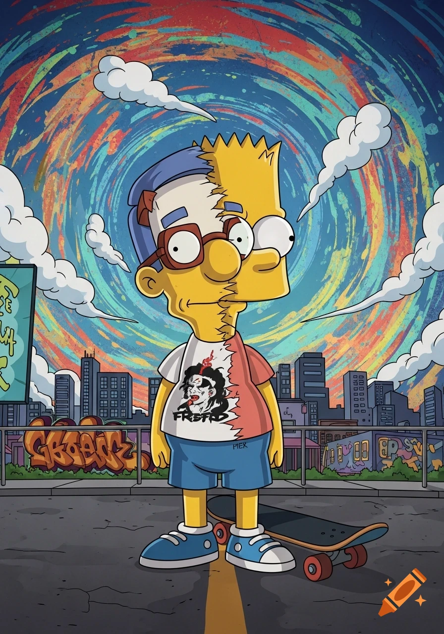 A cartoon character, half Bart Simpson and half Milhouse, stands with a skateboard in an urban street scene with colorful, swirling sky.