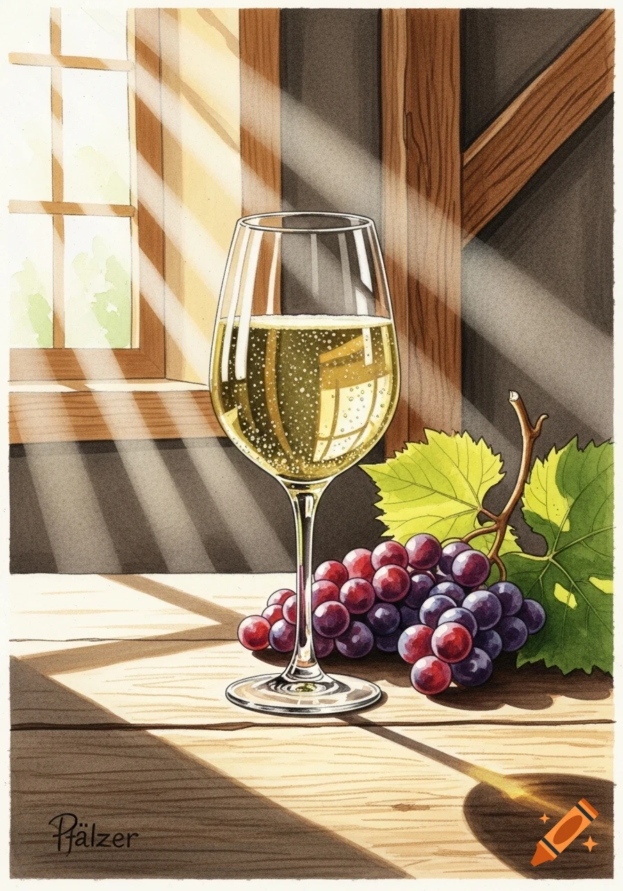 A vibrant illustration of a white wine glass with a bunch of red grapes on a wooden table, bathed in sunlight from a window.