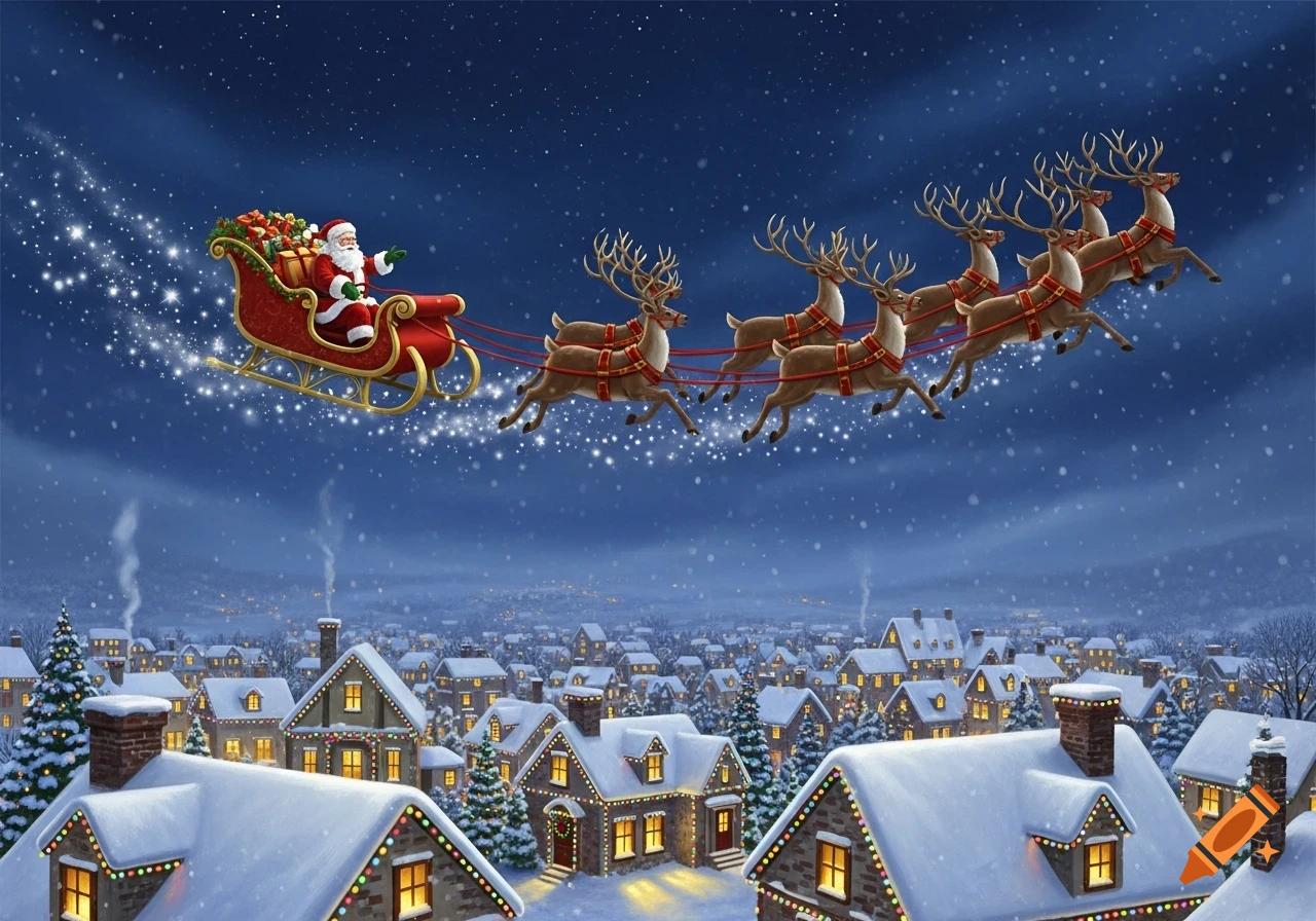 Santa Claus and reindeer sleigh flying over a snow-covered village at night, houses adorned with Christmas lights.