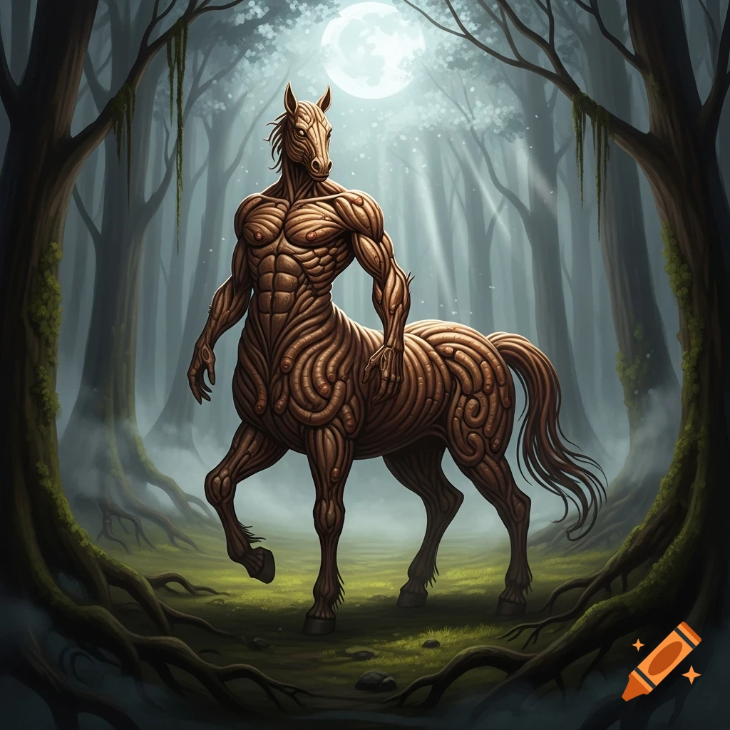 A centaur with a body texture resembling coiled worms stands in a misty ...