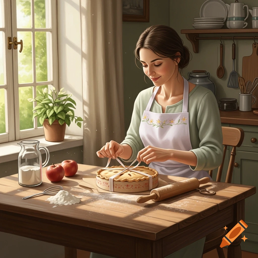 A woman in an apron smiles while tying a ribbon around a baked apple pie on a wooden table in a sunny kitchen.