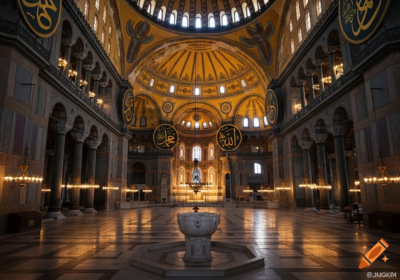 Interior of the Hagia Sophia showing the grand hall, ornate gilded dome, intricate Islamic calligraphy, and a central baptismal font.
