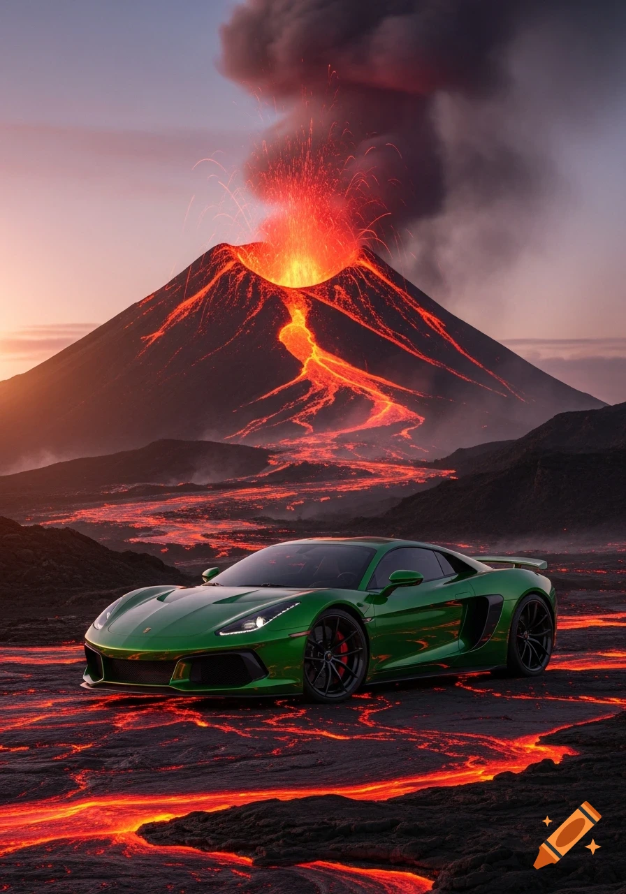 A green sports car on volcanic rock with flowing lava, backed by an erupting volcano with red glowing lava and smoke at twilight.