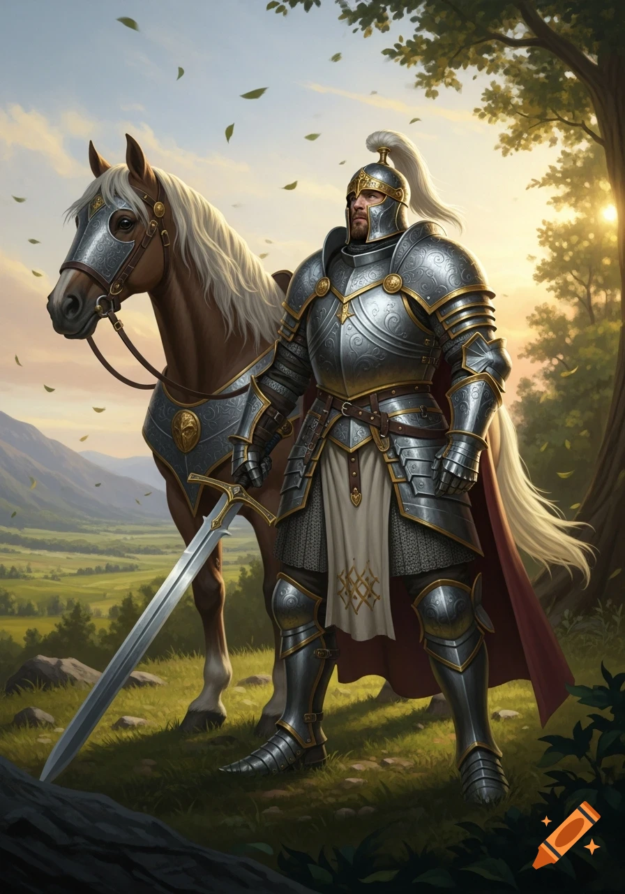 A fantasy illustration of a knight in ornate armor with a sword, standing beside his armored horse on a grassy hill at sunset.