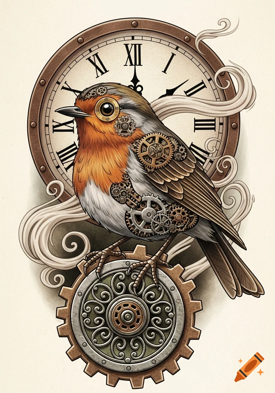 A detailed illustration of a steampunk robin with gears on its body, perched on a large gear in front of a clock with Roman numerals, in a tattoo design style.