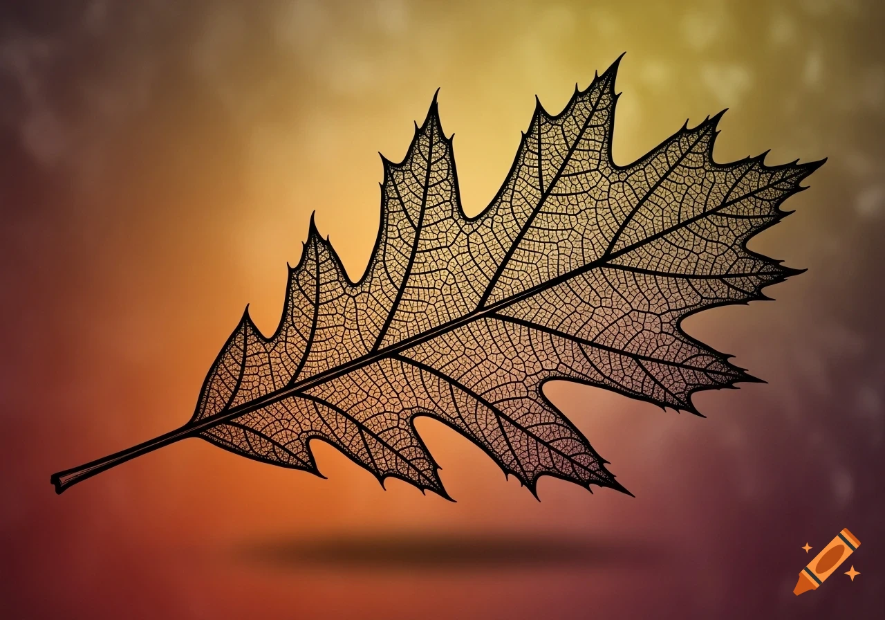Skeletonized black oak leaf with intricate venation against a warm orange and yellow gradient background.