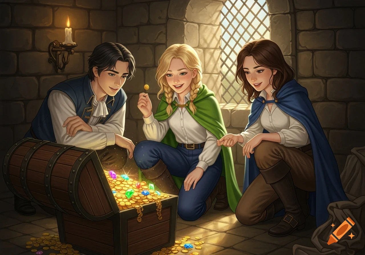 Three young adventurers, two women and one man, discover a glowing treasure chest overflowing with gold and gems in a stone dungeon. Fantasy art.