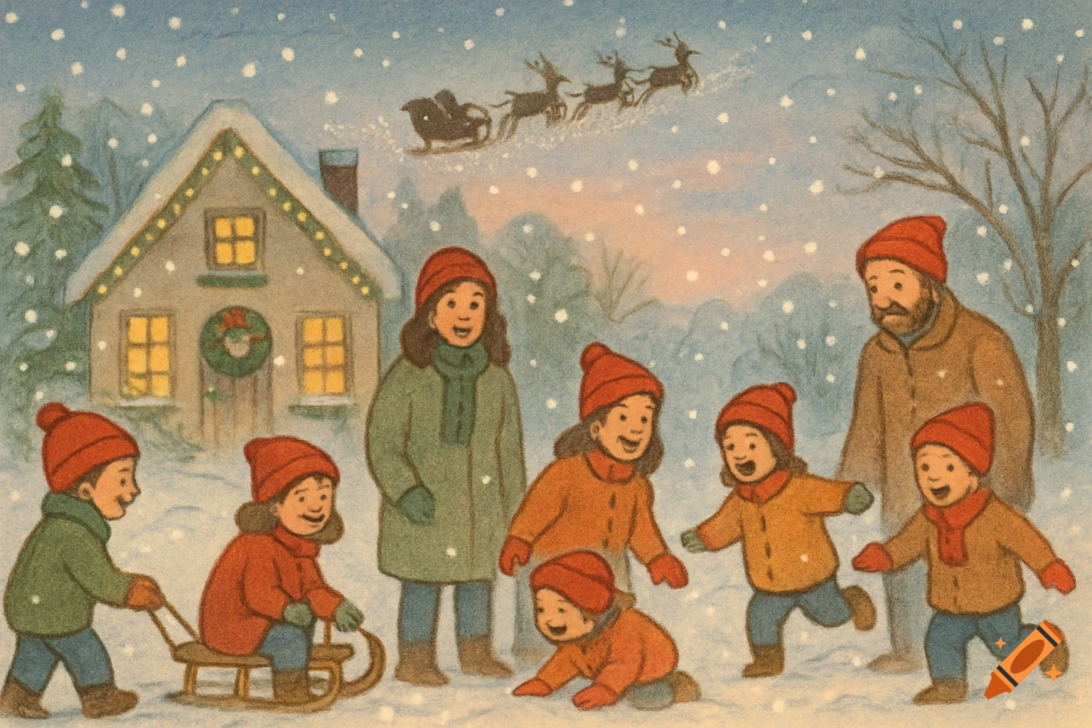 A family in red hats plays in the snow outside a decorated house, with Santa's sleigh flying overhead, in a charming illustration.